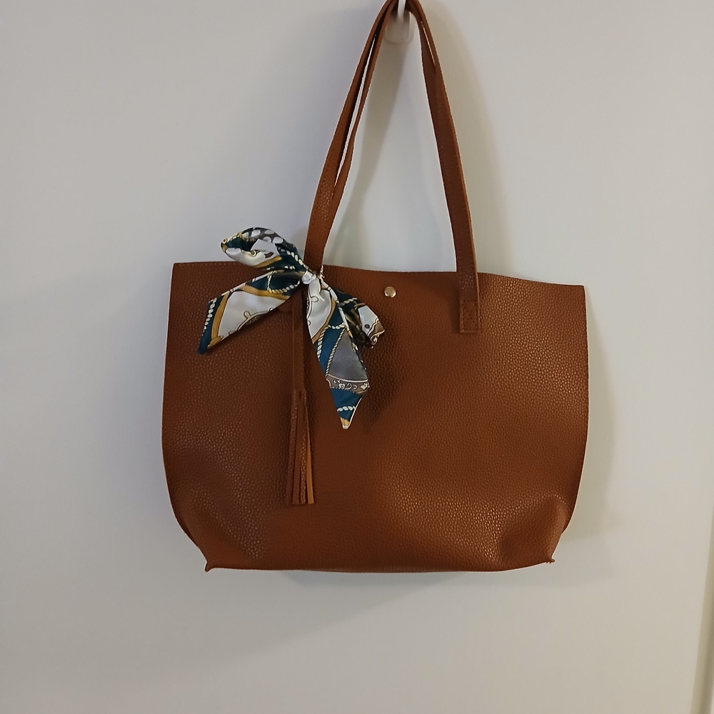 Tan Tote Bag with Scarf Accent - Classic Everyday Shoulder Bag